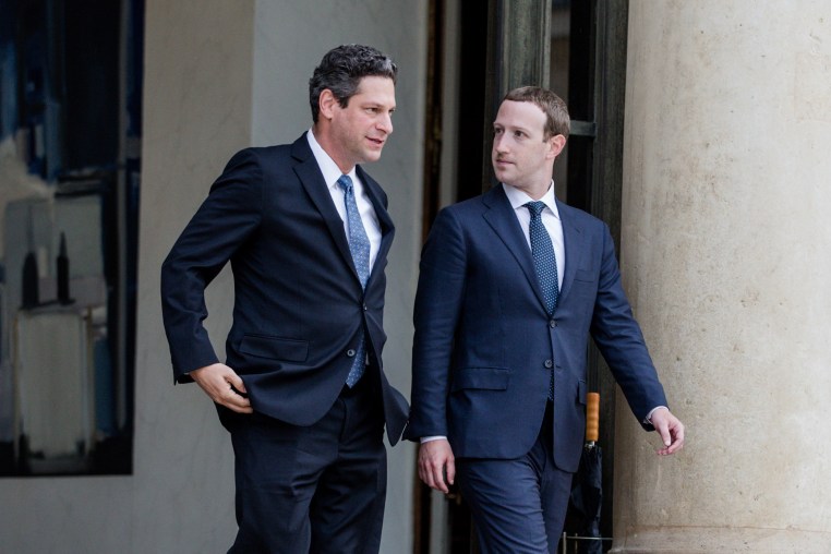 Mark Zuckerberg and Joel Kaplan leave the Elysee Palace in Paris. 
