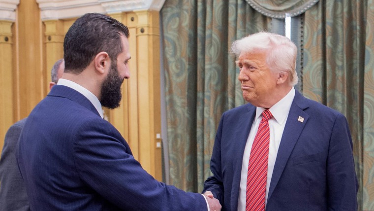 Donald Trump shakes hands with Syria's interim president Ahmed al-Sharaa