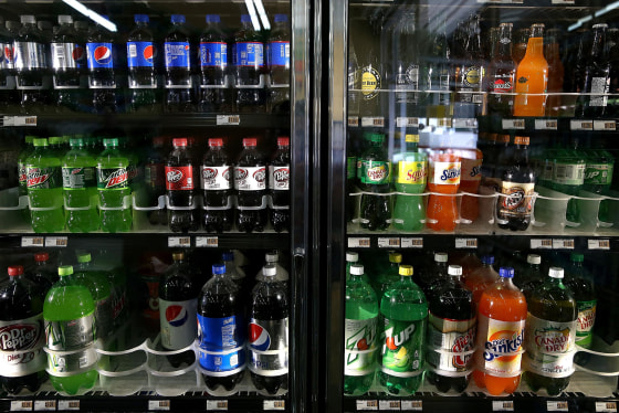 Image: Various bottles of soda are displayed in a cooler at Marina Supermarket on July 22, in San Francisco, Calif.